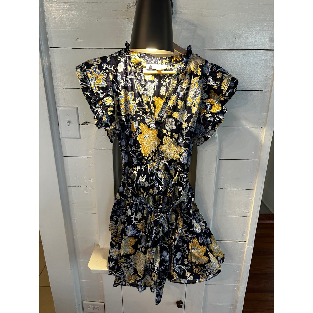 Elan Women Navy Yellow Floral Paisley Flutter Sleeve Tiered Ruffle S mini dress